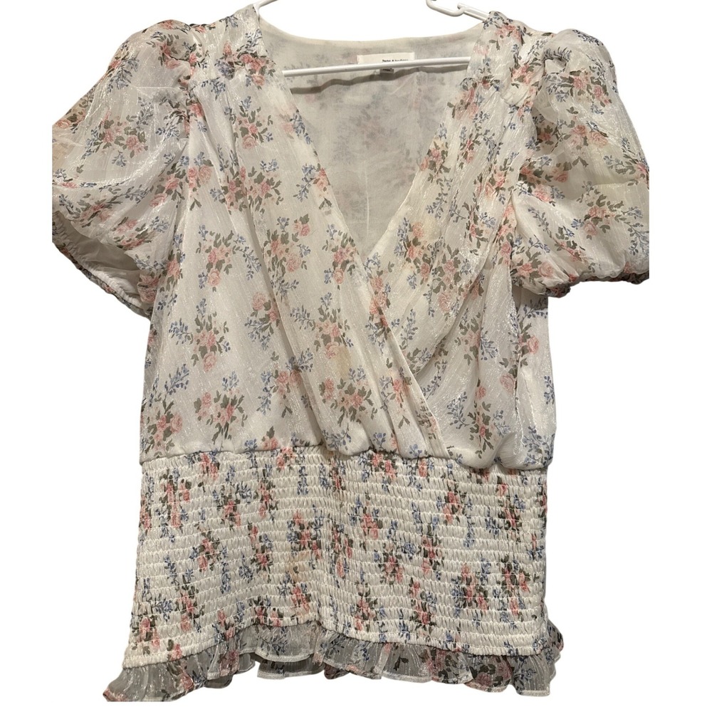 June & Hudson Floral Smocked Puff Sleeve Surplice Blouse White Pink XL Metallic